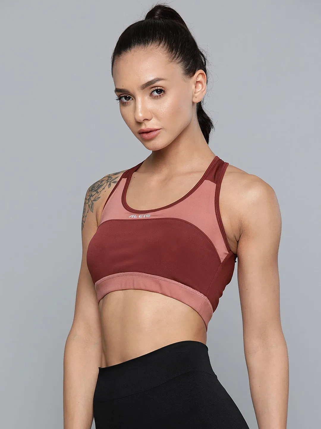 Alcis Burgundy Pink Colourblocked Workout Bra Full Coverage Lightly Padded