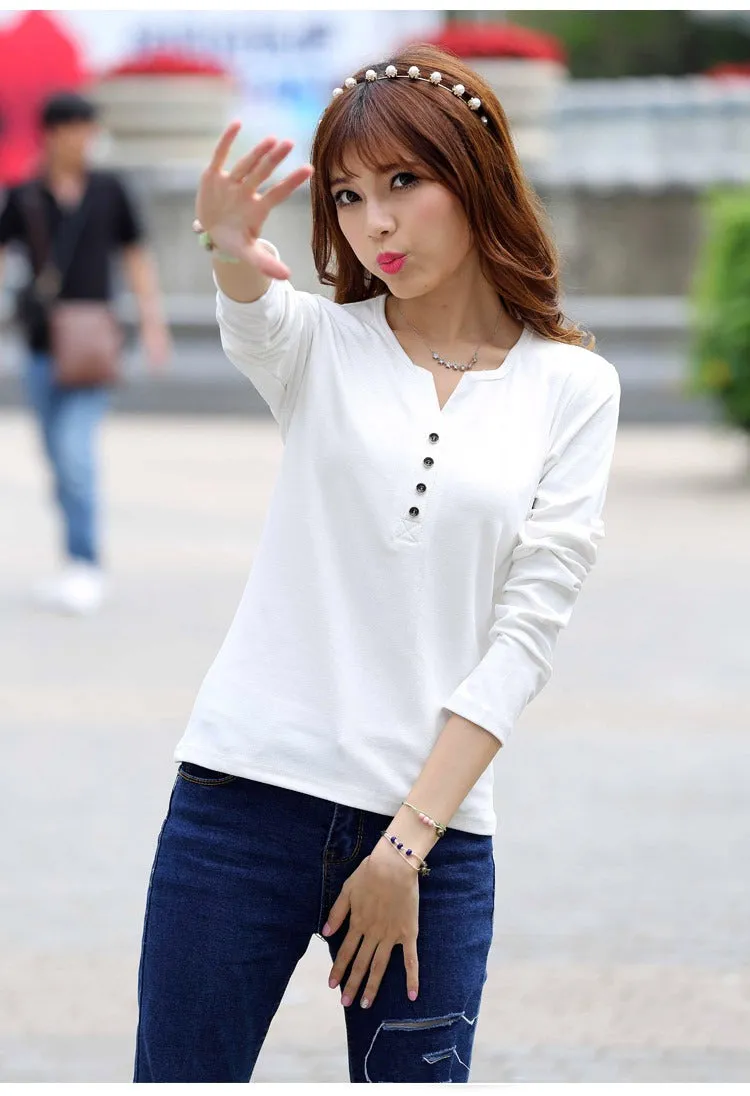 Autumn Fashion Long Sleeve T-Shirt Tops with Button Decoration for Women