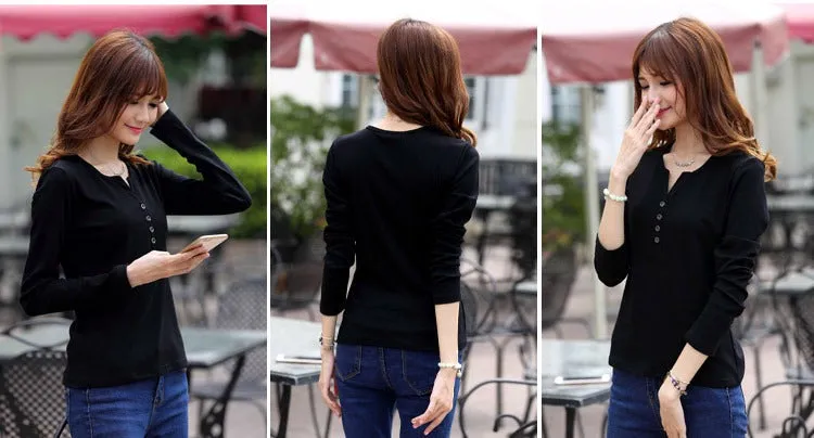 Autumn Fashion Long Sleeve T-Shirt Tops with Button Decoration for Women