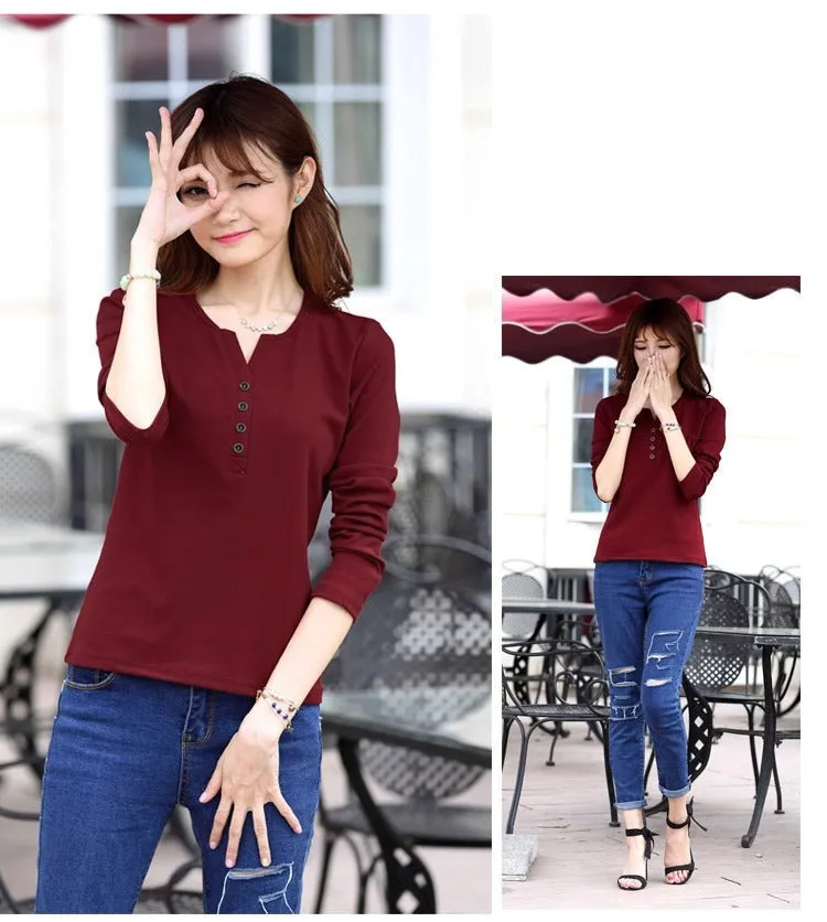 Autumn Fashion Long Sleeve T-Shirt Tops with Button Decoration for Women