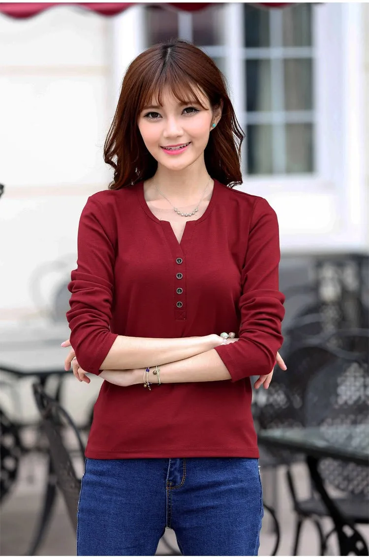 Autumn Fashion Long Sleeve T-Shirt Tops with Button Decoration for Women