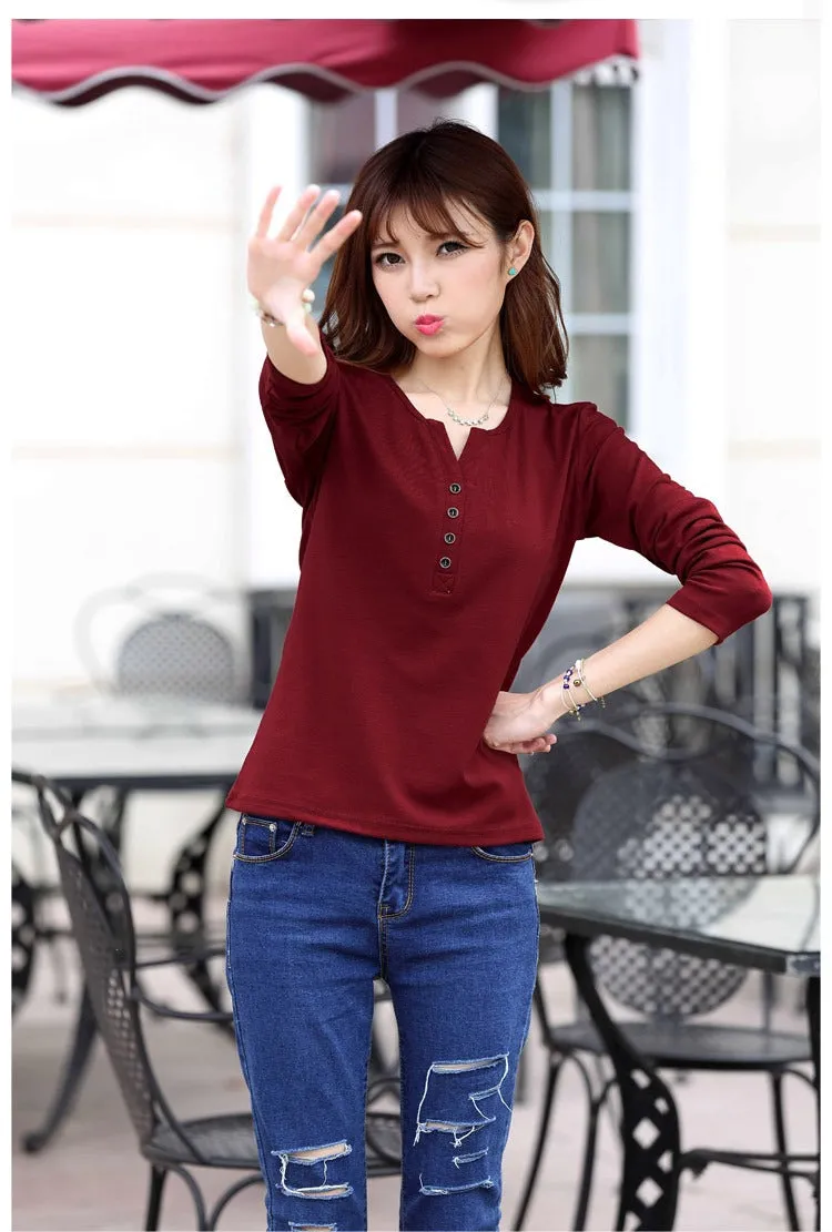 Autumn Fashion Long Sleeve T-Shirt Tops with Button Decoration for Women