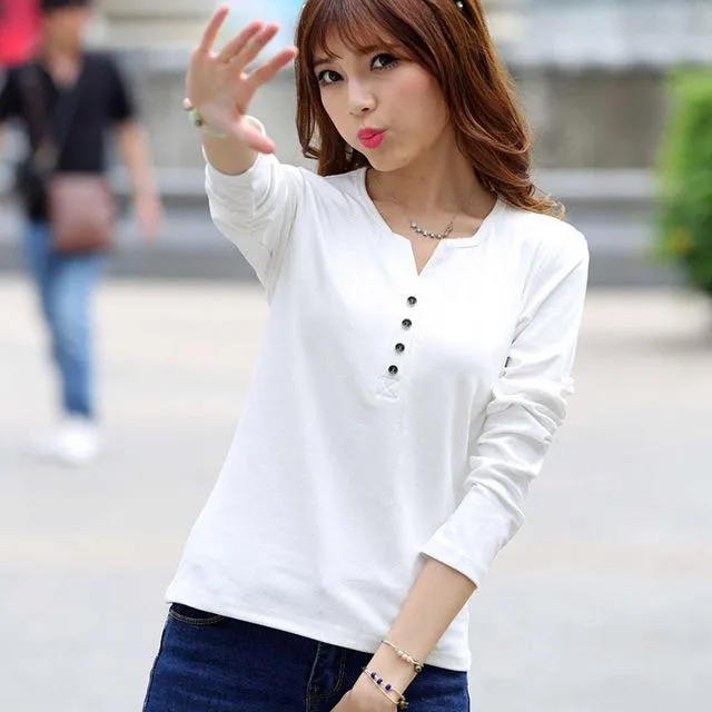 Autumn Fashion Long Sleeve T-Shirt Tops with Button Decoration for Women