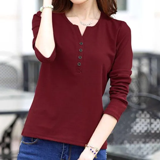 Autumn Fashion Long Sleeve T-Shirt Tops with Button Decoration for Women