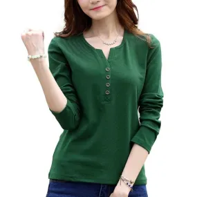 Autumn Fashion Long Sleeve T-Shirt Tops with Button Decoration for Women