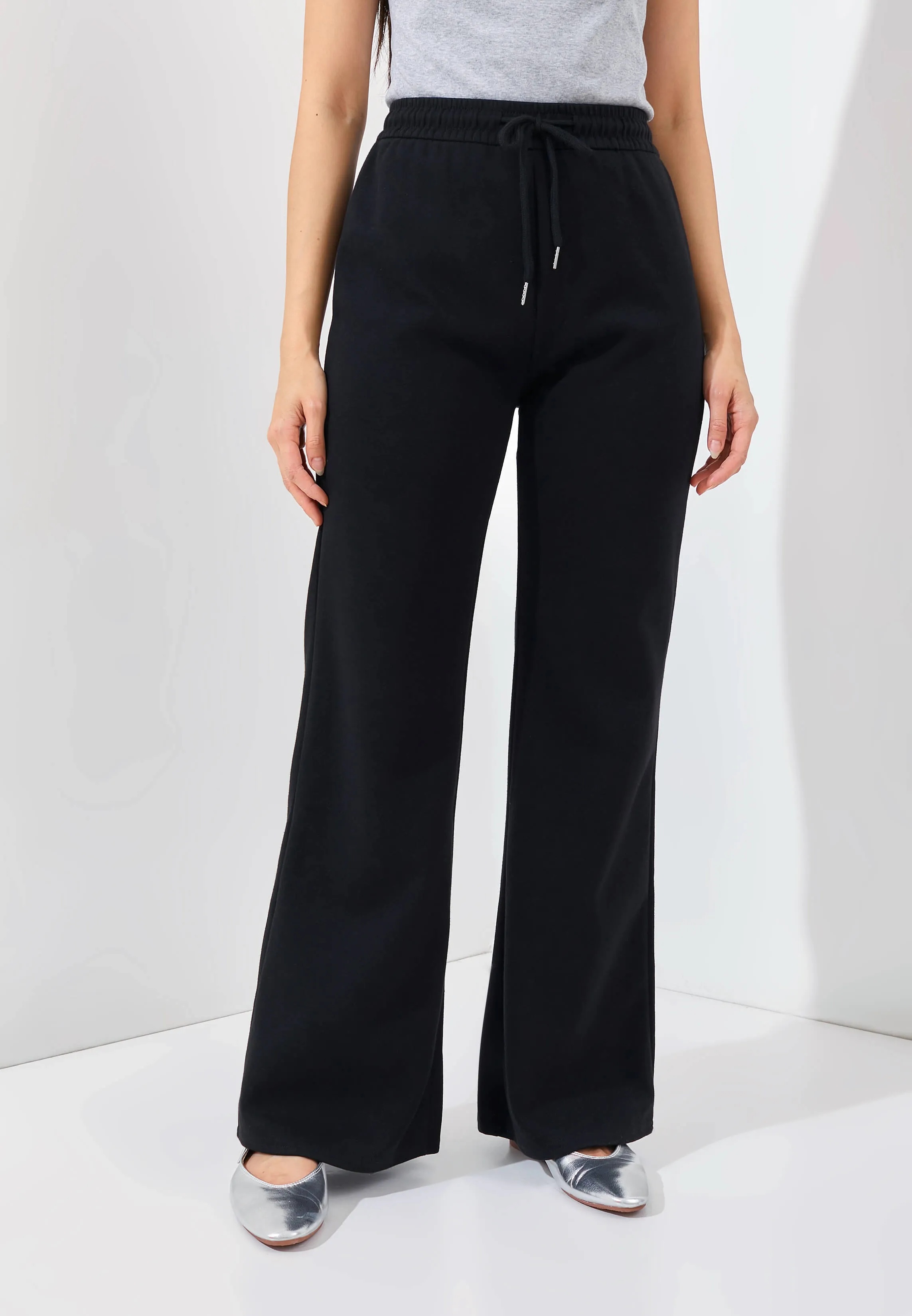 Black Cotton Fleece Flare Pants