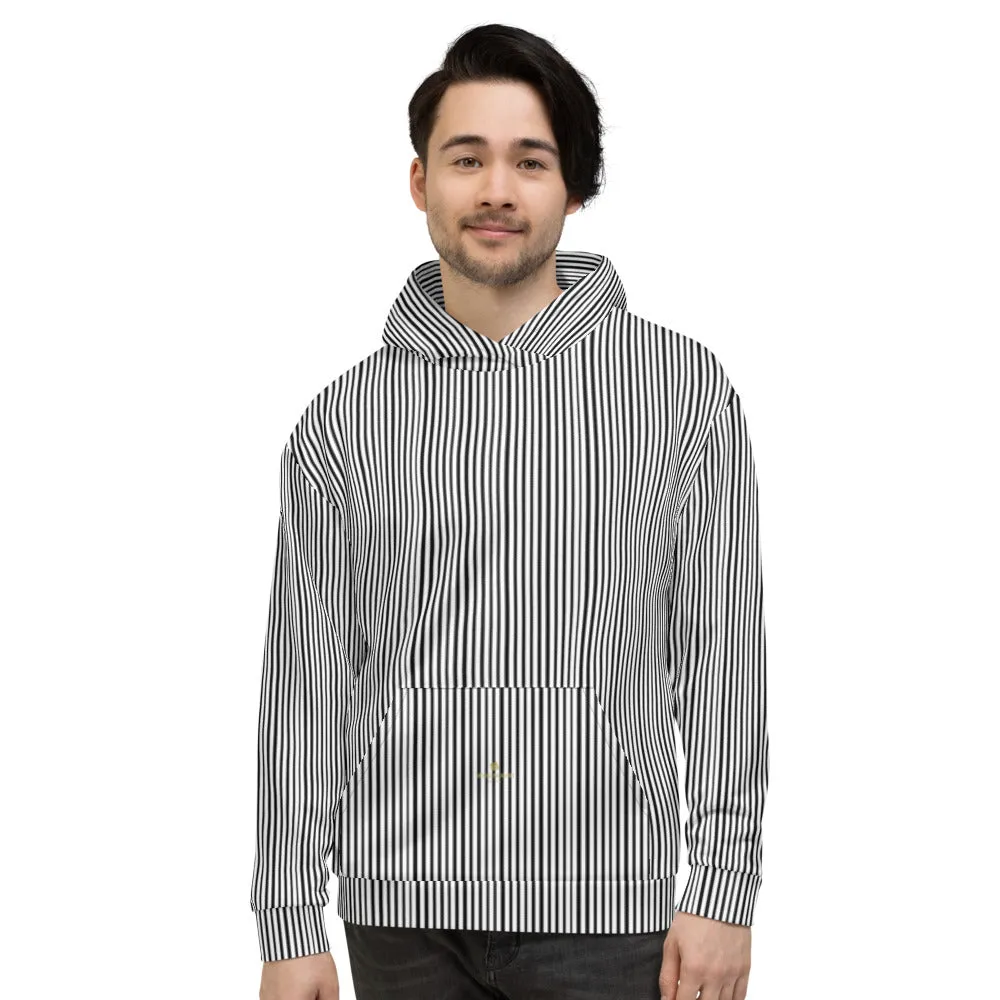 Black Striped Unisex Hoodies, White Vertical Stripe Premium Cozy Hoodie- Made in EU