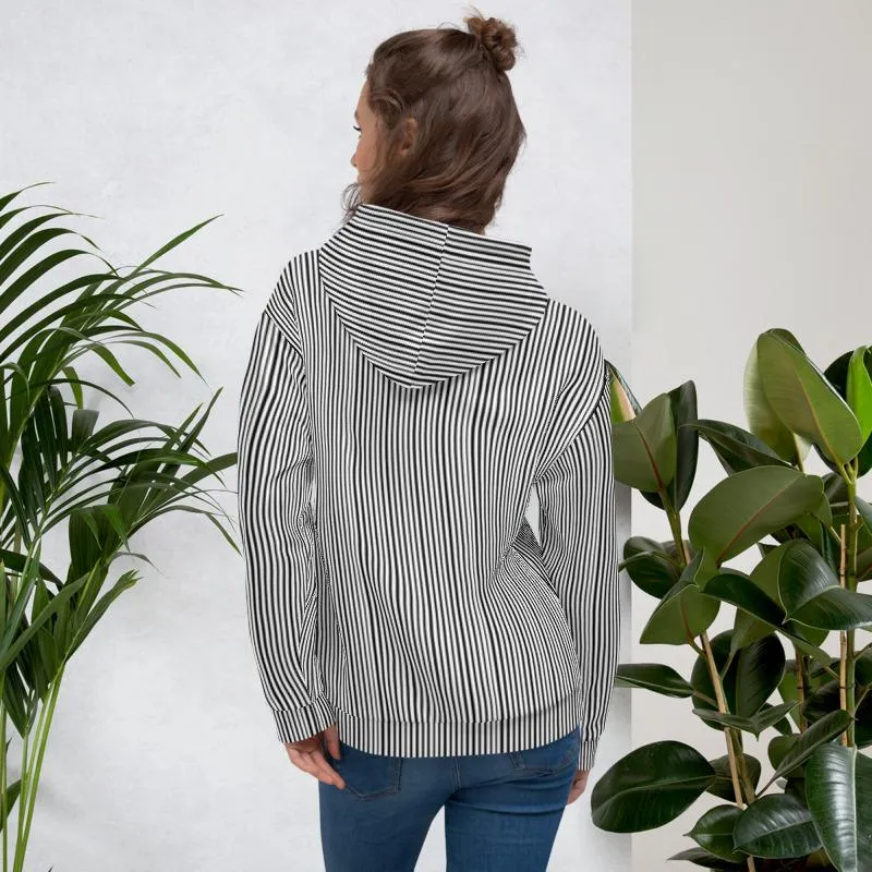 Black Striped Unisex Hoodies, White Vertical Stripe Premium Cozy Hoodie- Made in EU