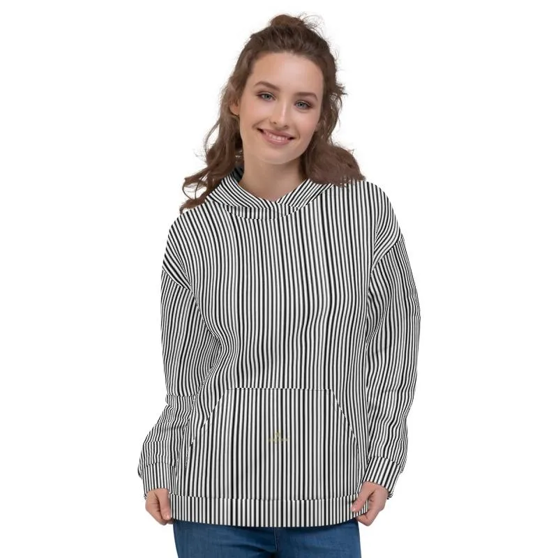 Black Striped Unisex Hoodies, White Vertical Stripe Premium Cozy Hoodie- Made in EU