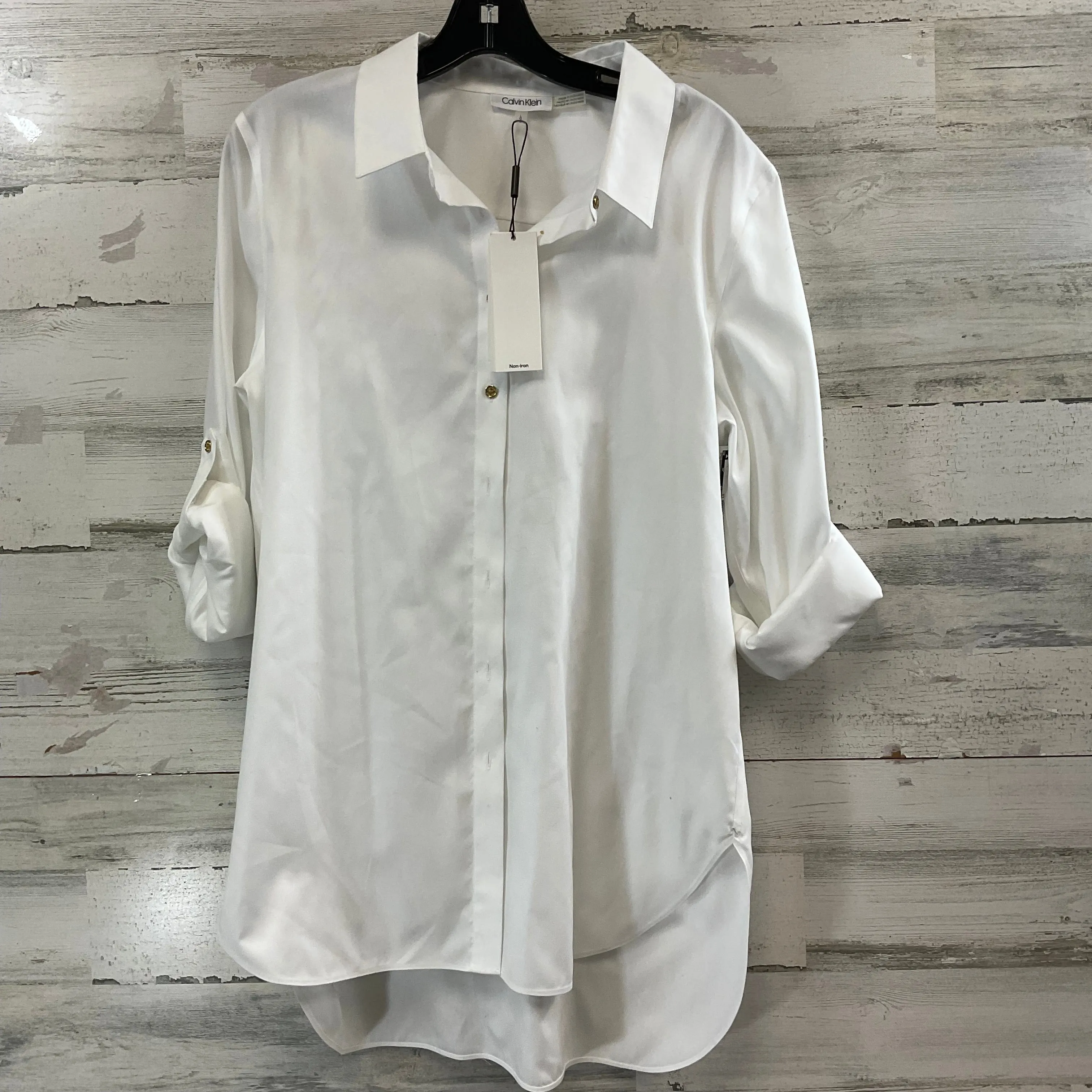 Blouse Long Sleeve By Calvin Klein In White, Size: L