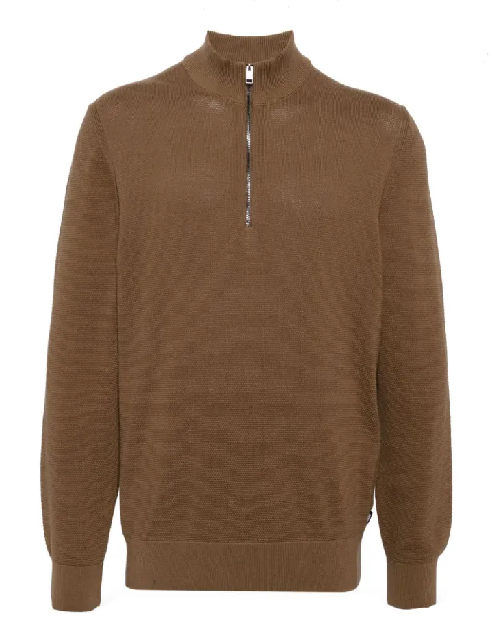 BOSS zip-neck sweater in micro-structured cotton