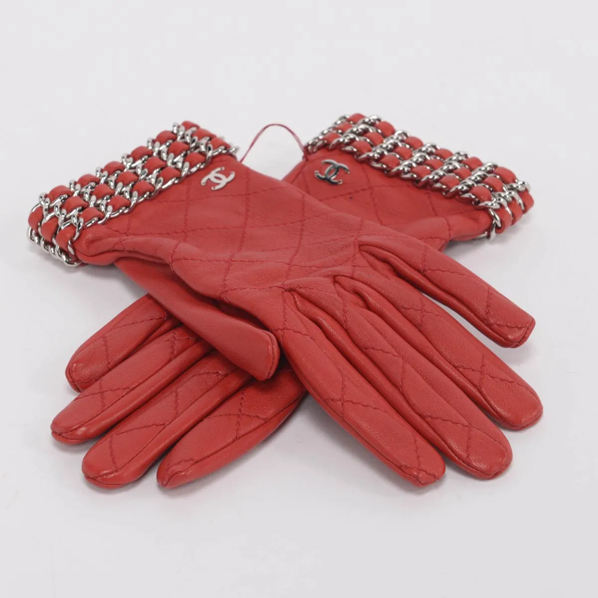 Chanel Red Quilted Lambskin CC Chain Gloves