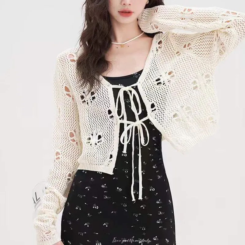 Fairy Hollow Out Crochet Tie Front Crop Top T Shirt Long Sleeve