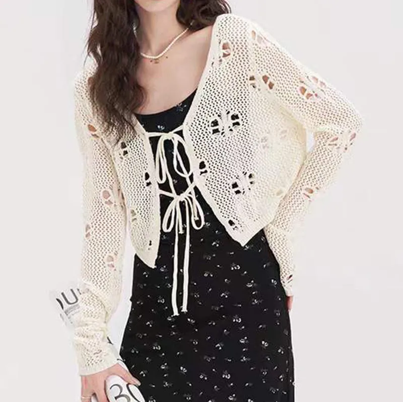 Fairy Hollow Out Crochet Tie Front Crop Top T Shirt Long Sleeve