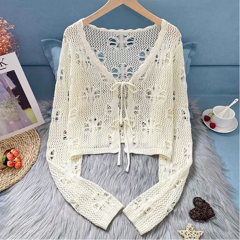 Fairy Hollow Out Crochet Tie Front Crop Top T Shirt Long Sleeve