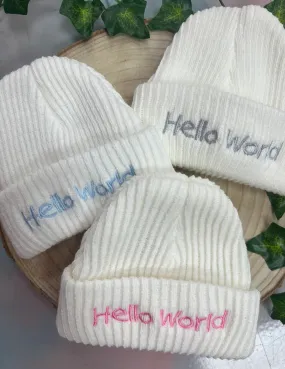 ‘Hello World’ Newborn knitted hats