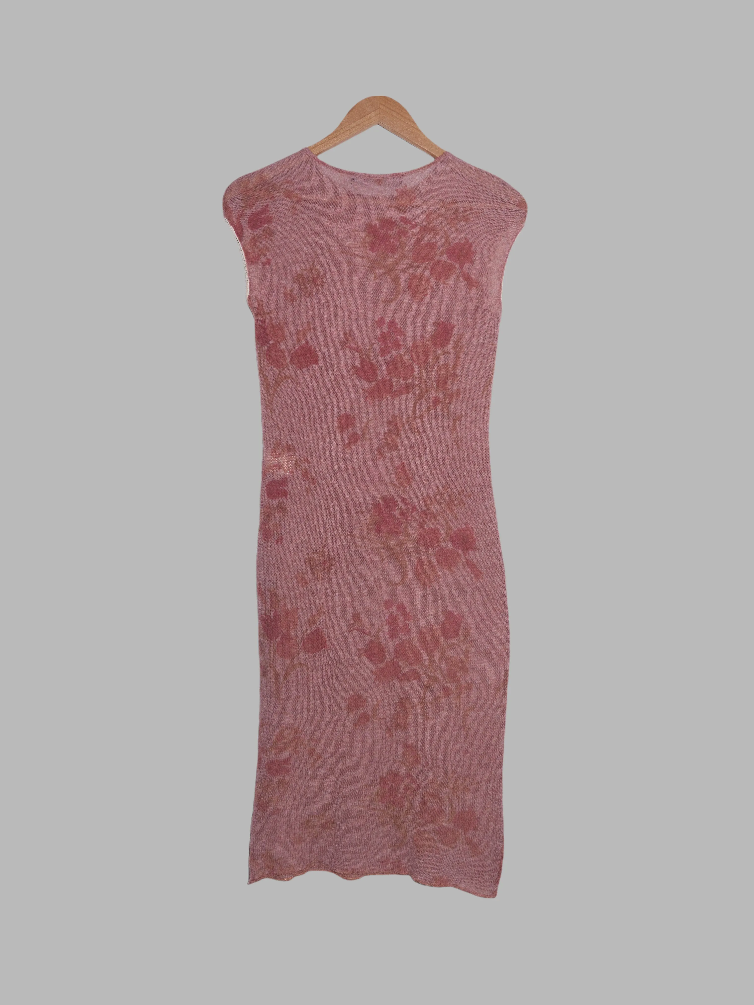 Jean Colonna pink floral print wool sleeveless dress with white lace armhole