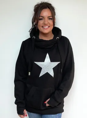 Luxury Cowl Neck Glitter Star Hoodie - Black