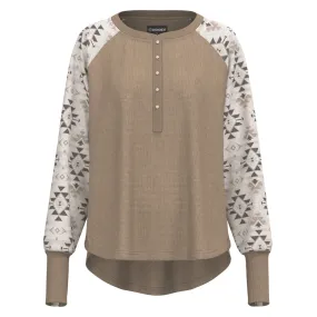 "Ladies Henley" Tan w/ Aztec Pattern Long Sleeve Thermal Shirt