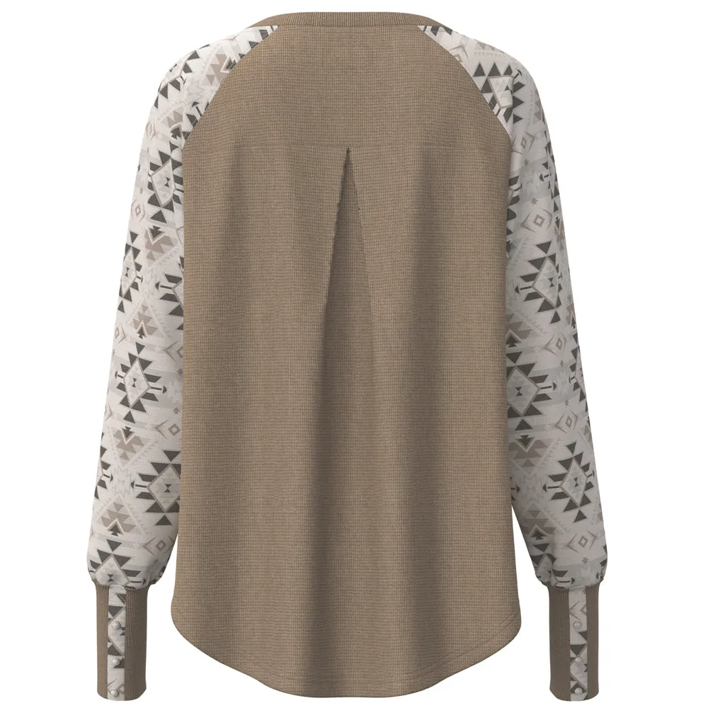 "Ladies Henley" Tan w/ Aztec Pattern Long Sleeve Thermal Shirt