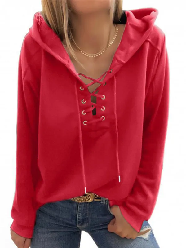 Women's Front Lace Up Long Sleeve Hoodie