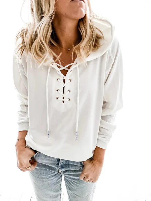 Women's Front Lace Up Long Sleeve Hoodie