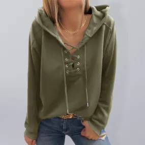 Women's Front Lace Up Long Sleeve Hoodie