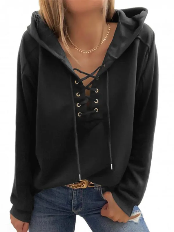 Women's Front Lace Up Long Sleeve Hoodie