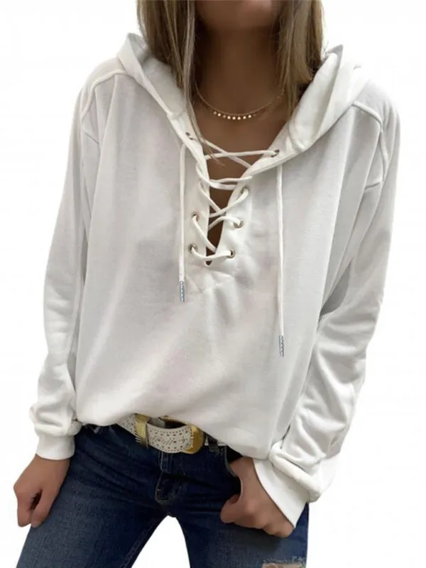 Women's Front Lace Up Long Sleeve Hoodie