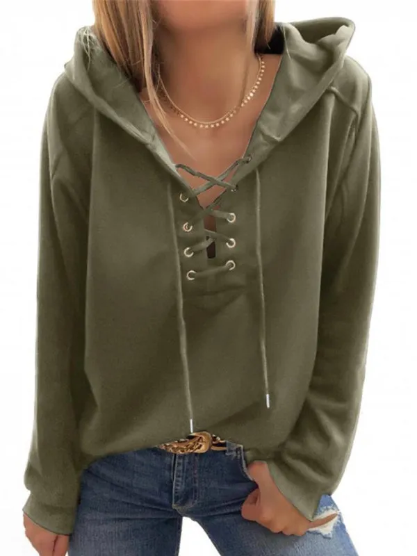 Women's Front Lace Up Long Sleeve Hoodie